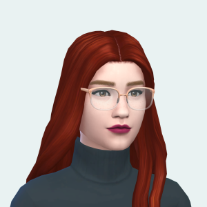 A Simself of the author. A red-haired feminine Sim wearing a black sweater and glasses.